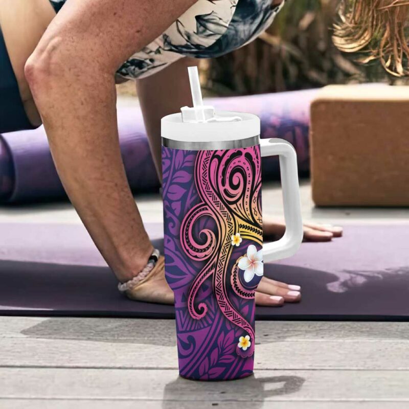 Hawaiian Octopus Tattoo and Frangipani Custom Stanley Quencher 40oz Stainless Steel Tumbler With Handle - Threewoofs - Image 6