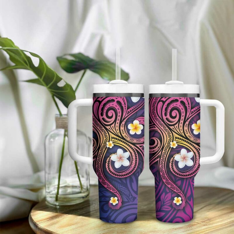Hawaiian Octopus Tattoo and Frangipani Custom Stanley Quencher 40oz Stainless Steel Tumbler With Handle - Threewoofs - Image 9