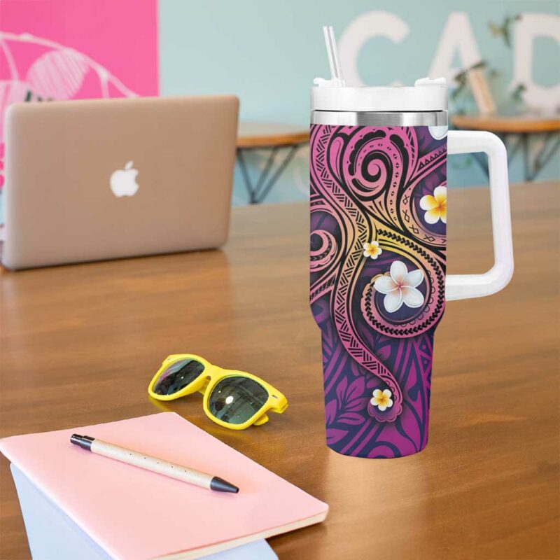 Hawaiian Octopus Tattoo and Frangipani Custom Stanley Quencher 40oz Stainless Steel Tumbler With Handle - Threewoofs - Image 5