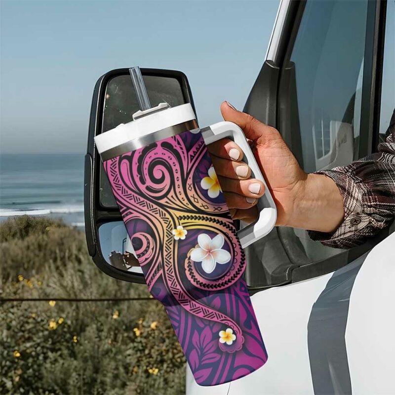 Hawaiian Octopus Tattoo and Frangipani Custom Stanley Quencher 40oz Stainless Steel Tumbler With Handle - Threewoofs - Image 7