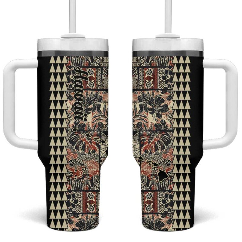 Hawaiian Quilt Hibiscus Kakau Vintage Custom Stanley Quencher 40oz Stainless Steel Tumbler With Handle - Threewoofs