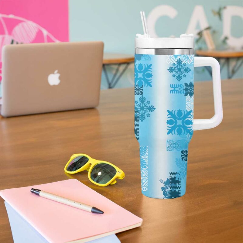 Hawaiian Quilt Vintage Blue Custom Stanley Quencher 40oz Stainless Steel Tumbler With Handle - Threewoofs - Image 5