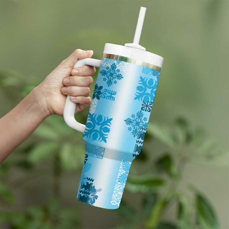 Hawaiian Quilt Vintage Blue Custom Stanley Quencher 40oz Stainless Steel Tumbler With Handle - Threewoofs - Image 3