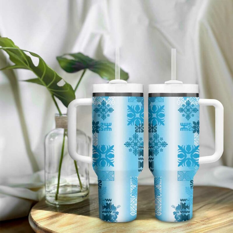 Hawaiian Quilt Vintage Blue Custom Stanley Quencher 40oz Stainless Steel Tumbler With Handle - Threewoofs - Image 9