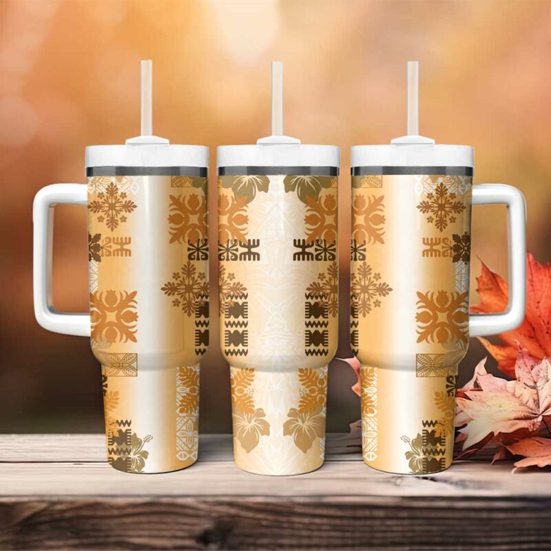 Hawaiian Quilt Vintage Brown Custom Stanley Quencher 40oz Stainless Steel Tumbler With Handle - Threewoofs - Image 4