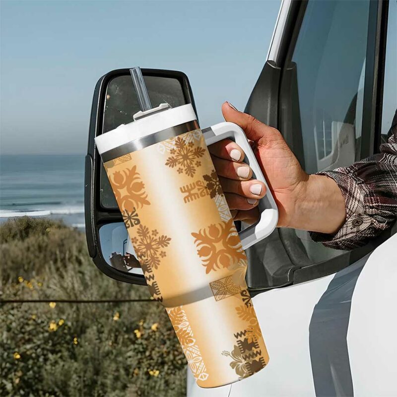 Hawaiian Quilt Vintage Brown Custom Stanley Quencher 40oz Stainless Steel Tumbler With Handle - Threewoofs - Image 7
