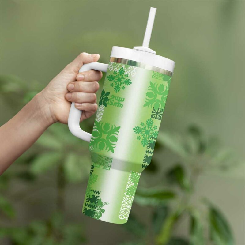 Hawaiian Quilt Vintage Green Custom Stanley Quencher 40oz Stainless Steel Tumbler With Handle - Threewoofs - Image 3