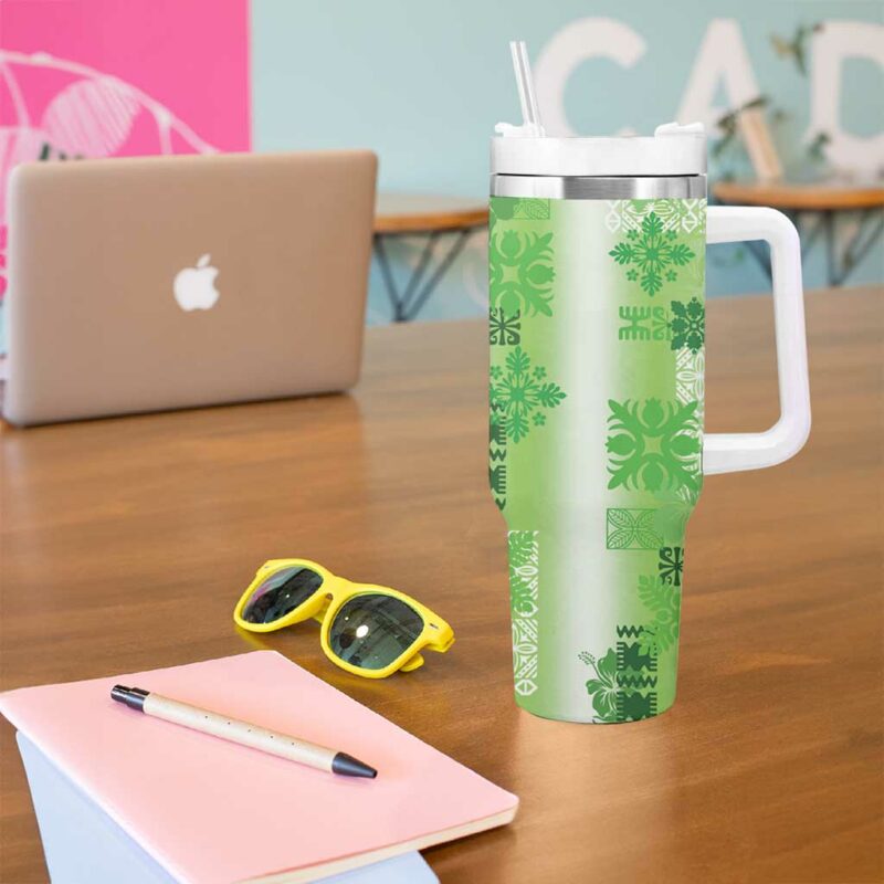 Hawaiian Quilt Vintage Green Custom Stanley Quencher 40oz Stainless Steel Tumbler With Handle - Threewoofs - Image 5