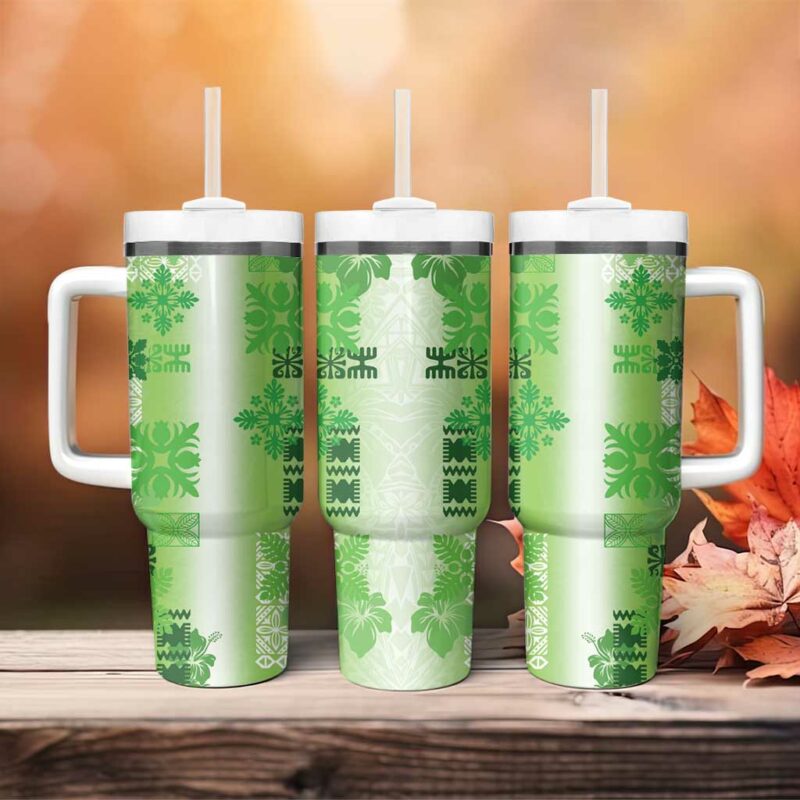 Hawaiian Quilt Vintage Green Custom Stanley Quencher 40oz Stainless Steel Tumbler With Handle - Threewoofs - Image 4
