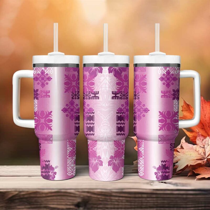 Hawaiian Quilt Vintage Pink Custom Stanley Quencher 40oz Stainless Steel Tumbler With Handle - Threewoofs - Image 4