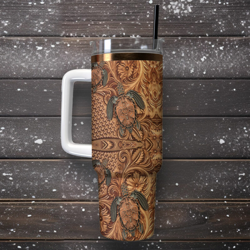 Hawaiian Tapa Honu Turtle Custom Stanley Quencher 40oz Stainless Steel Tumbler With Handle - Threewoofs - Image 2