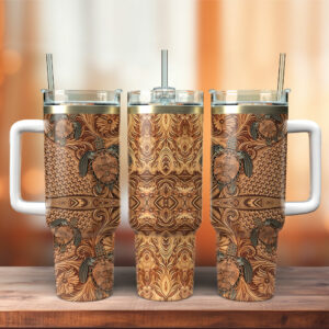 Hawaiian Tapa Honu Turtle Custom Stanley Quencher 40oz Stainless Steel Tumbler With Handle - Threewoofs