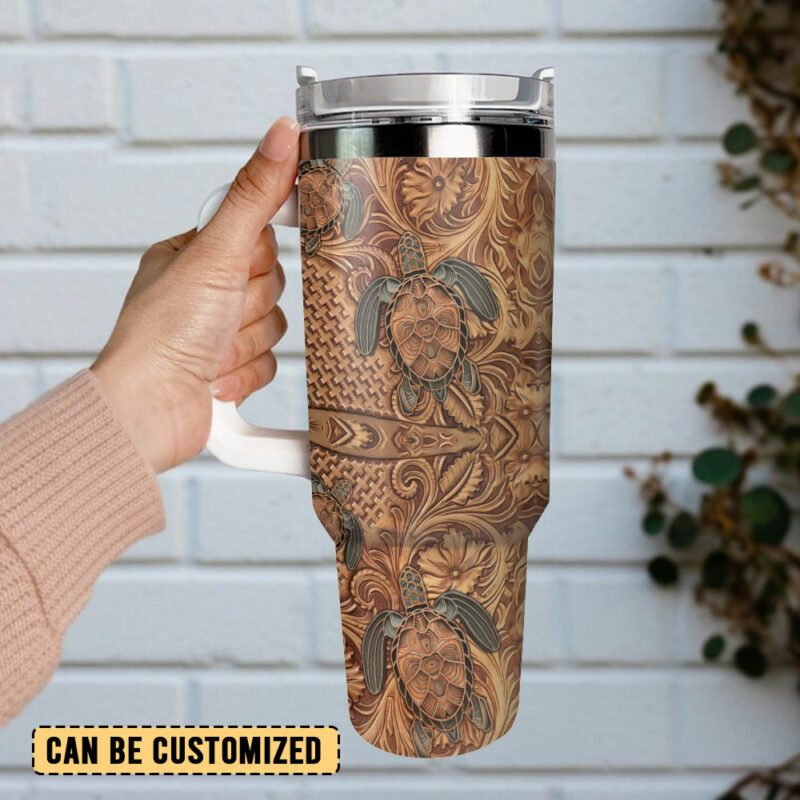 Hawaiian Tapa Honu Turtle Custom Stanley Quencher 40oz Stainless Steel Tumbler With Handle - Threewoofs - Image 3