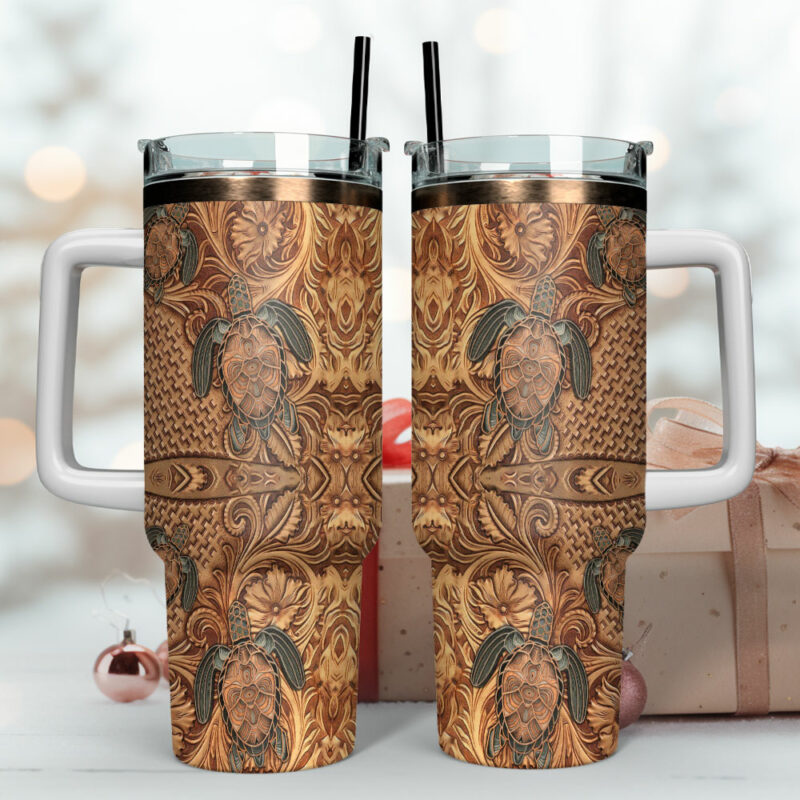Hawaiian Tapa Honu Turtle Custom Stanley Quencher 40oz Stainless Steel Tumbler With Handle - Threewoofs - Image 4
