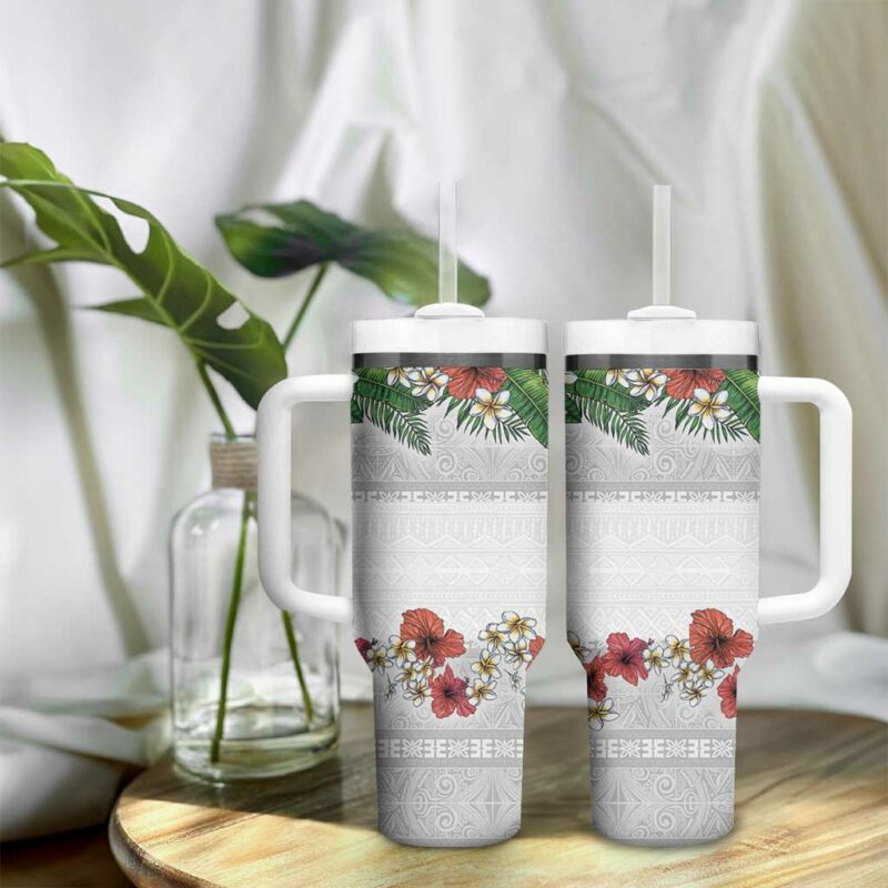 Hawaiian Tropical Flowers and Tribal Polynesian Tattoo Custom Stanley Quencher 40oz Stainless Steel Tumbler With Handle - Threewoofs - Image 9