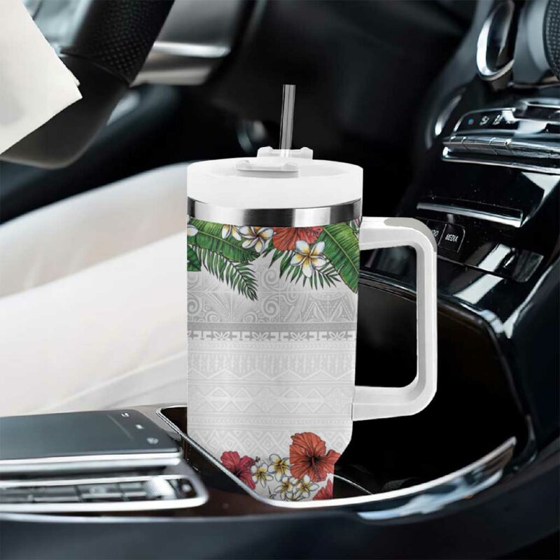 Hawaiian Tropical Flowers and Tribal Polynesian Tattoo Custom Stanley Quencher 40oz Stainless Steel Tumbler With Handle - Threewoofs - Image 8
