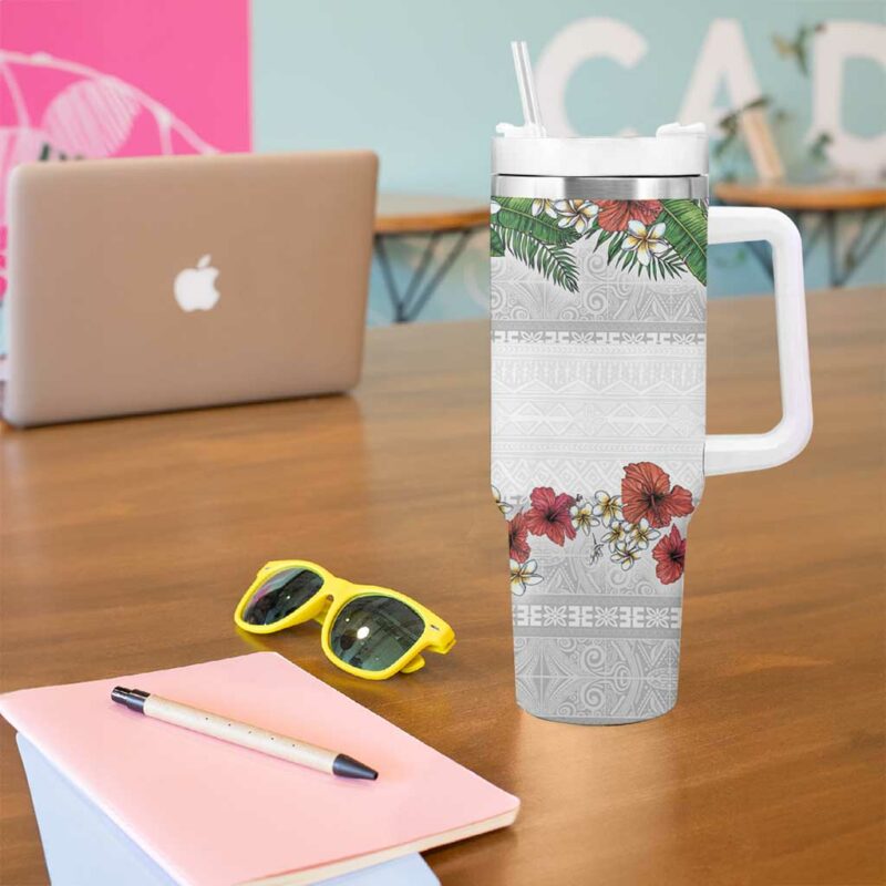 Hawaiian Tropical Flowers and Tribal Polynesian Tattoo Custom Stanley Quencher 40oz Stainless Steel Tumbler With Handle - Threewoofs - Image 5