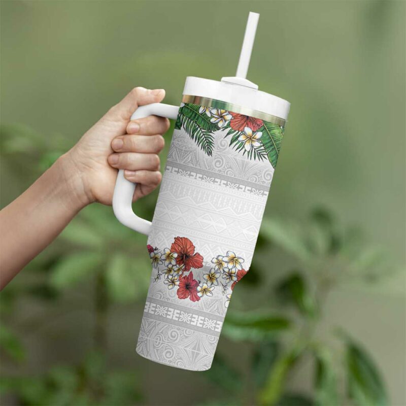 Hawaiian Tropical Flowers and Tribal Polynesian Tattoo Custom Stanley Quencher 40oz Stainless Steel Tumbler With Handle - Threewoofs - Image 3