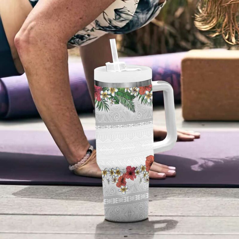 Hawaiian Tropical Flowers and Tribal Polynesian Tattoo Custom Stanley Quencher 40oz Stainless Steel Tumbler With Handle - Threewoofs - Image 6
