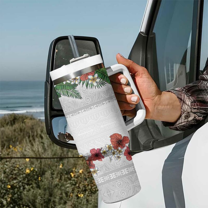 Hawaiian Tropical Flowers and Tribal Polynesian Tattoo Custom Stanley Quencher 40oz Stainless Steel Tumbler With Handle - Threewoofs - Image 7
