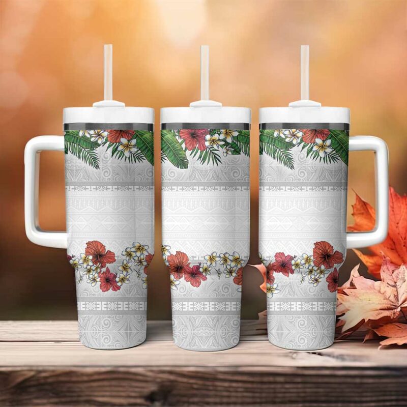 Hawaiian Tropical Flowers and Tribal Polynesian Tattoo Custom Stanley Quencher 40oz Stainless Steel Tumbler With Handle - Threewoofs - Image 4