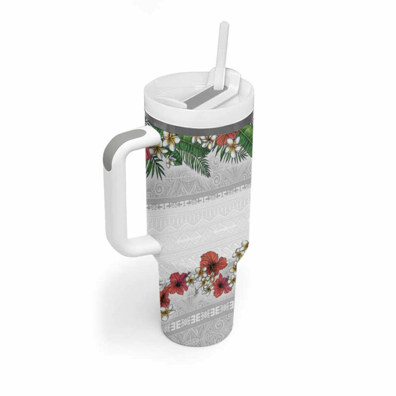 Hawaiian Tropical Flowers and Tribal Polynesian Tattoo Custom Stanley Quencher 40oz Stainless Steel Tumbler With Handle - Threewoofs - Image 2
