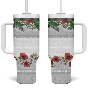 Hawaiian Tropical Flowers and Tribal Polynesian Tattoo Custom Stanley Quencher 40oz Stainless Steel Tumbler With Handle - Threewoofs