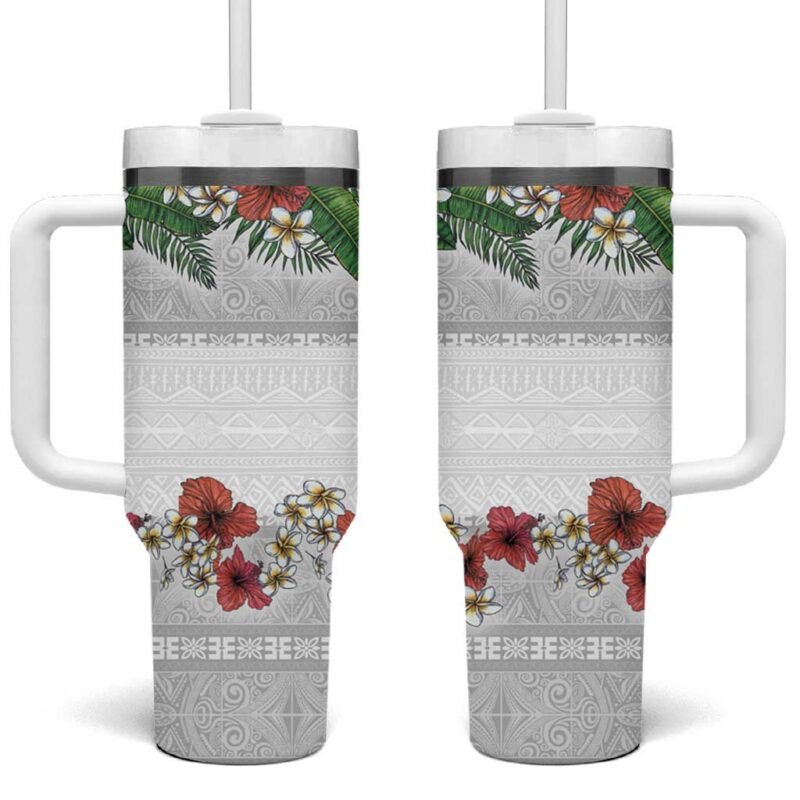 Hawaiian Tropical Flowers and Tribal Polynesian Tattoo Custom Stanley Quencher 40oz Stainless Steel Tumbler With Handle - Threewoofs