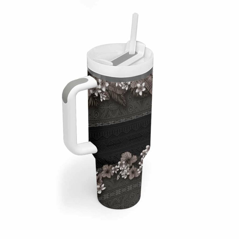 Hawaiian Tropical Flowers and Tribal Polynesian Tattoo Grayscale Mode Custom Stanley Quencher 40oz Stainless Steel Tumbler With Handle - Threewoofs - Image 2