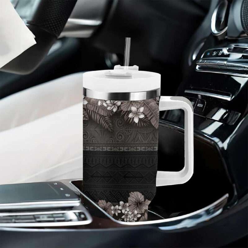 Hawaiian Tropical Flowers and Tribal Polynesian Tattoo Grayscale Mode Custom Stanley Quencher 40oz Stainless Steel Tumbler With Handle - Threewoofs - Image 8