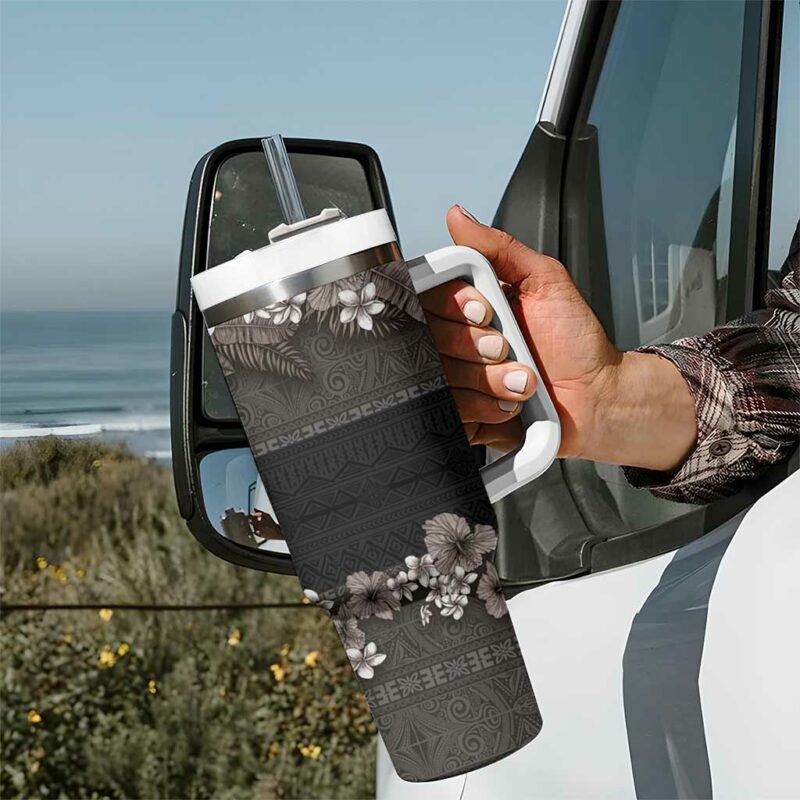 Hawaiian Tropical Flowers and Tribal Polynesian Tattoo Grayscale Mode Custom Stanley Quencher 40oz Stainless Steel Tumbler With Handle - Threewoofs - Image 7