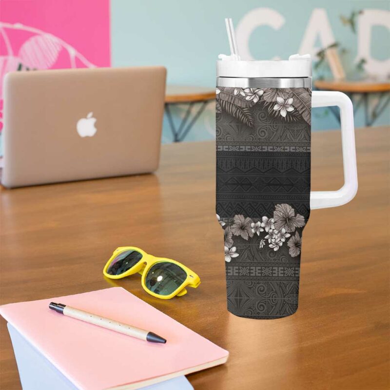 Hawaiian Tropical Flowers and Tribal Polynesian Tattoo Grayscale Mode Custom Stanley Quencher 40oz Stainless Steel Tumbler With Handle - Threewoofs - Image 5
