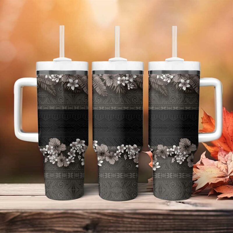 Hawaiian Tropical Flowers and Tribal Polynesian Tattoo Grayscale Mode Custom Stanley Quencher 40oz Stainless Steel Tumbler With Handle - Threewoofs - Image 4