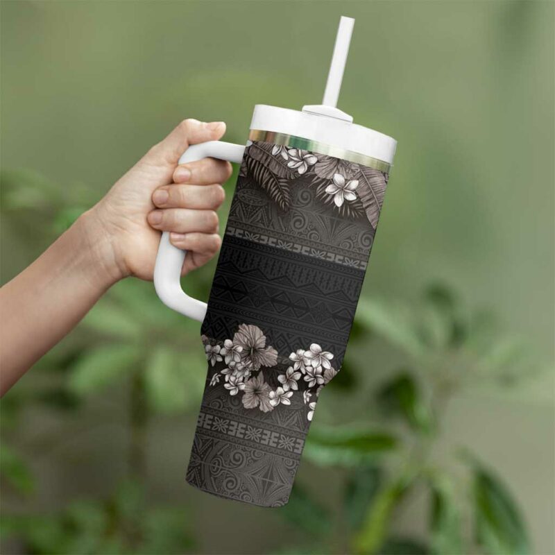 Hawaiian Tropical Flowers and Tribal Polynesian Tattoo Grayscale Mode Custom Stanley Quencher 40oz Stainless Steel Tumbler With Handle - Threewoofs - Image 3