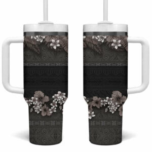 Hawaiian Tropical Flowers and Tribal Polynesian Tattoo Grayscale Mode Custom Stanley Quencher 40oz Stainless Steel Tumbler With Handle - Threewoofs
