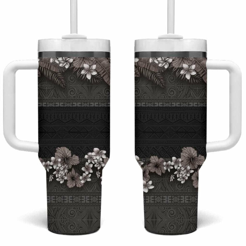 Hawaiian Tropical Flowers and Tribal Polynesian Tattoo Grayscale Mode Custom Stanley Quencher 40oz Stainless Steel Tumbler With Handle - Threewoofs