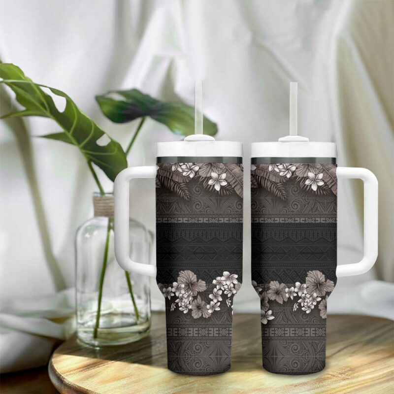 Hawaiian Tropical Flowers and Tribal Polynesian Tattoo Grayscale Mode Custom Stanley Quencher 40oz Stainless Steel Tumbler With Handle - Threewoofs - Image 9
