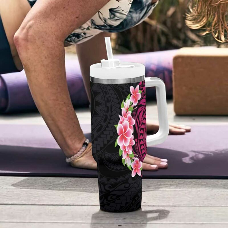 Hawaiian Tropical Plumeria Art Polynesian Tattoo Black and Bright Pink Color Custom Stanley Quencher 40oz Stainless Steel Tumbler With Handle - Threewoofs - Image 6
