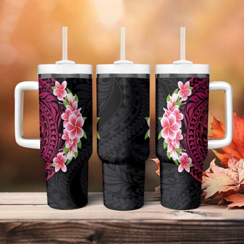 Hawaiian Tropical Plumeria Art Polynesian Tattoo Black and Bright Pink Color Custom Stanley Quencher 40oz Stainless Steel Tumbler With Handle - Threewoofs - Image 4