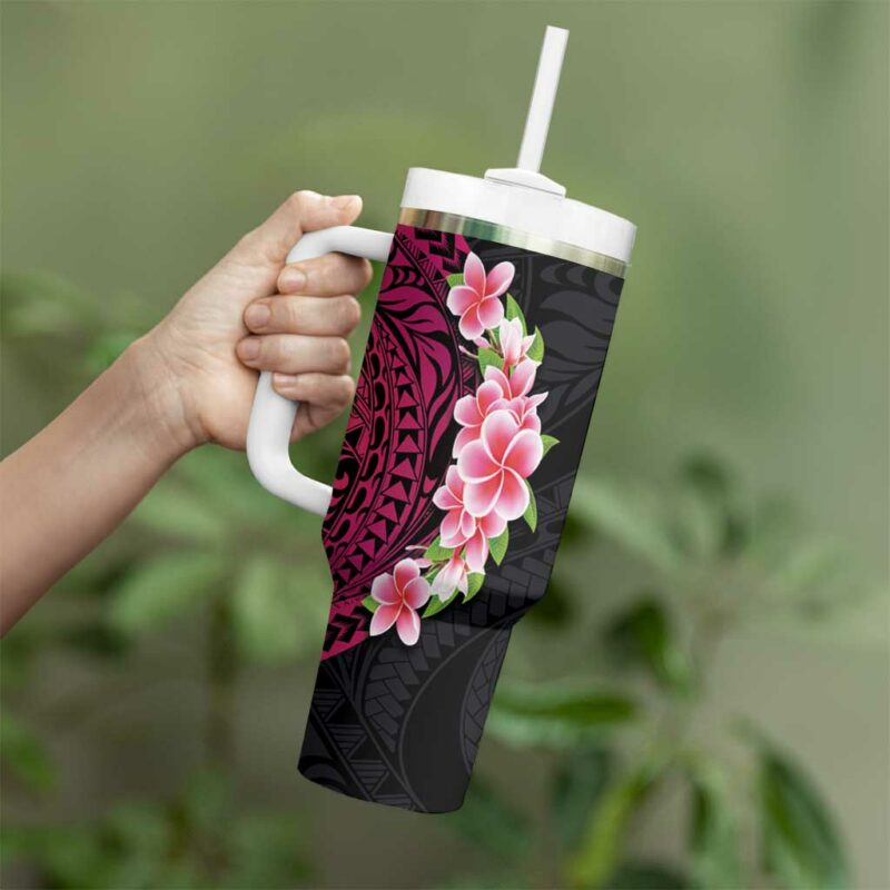 Hawaiian Tropical Plumeria Art Polynesian Tattoo Black and Bright Pink Color Custom Stanley Quencher 40oz Stainless Steel Tumbler With Handle - Threewoofs - Image 3