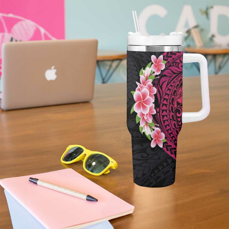 Hawaiian Tropical Plumeria Art Polynesian Tattoo Black and Bright Pink Color Custom Stanley Quencher 40oz Stainless Steel Tumbler With Handle - Threewoofs - Image 5