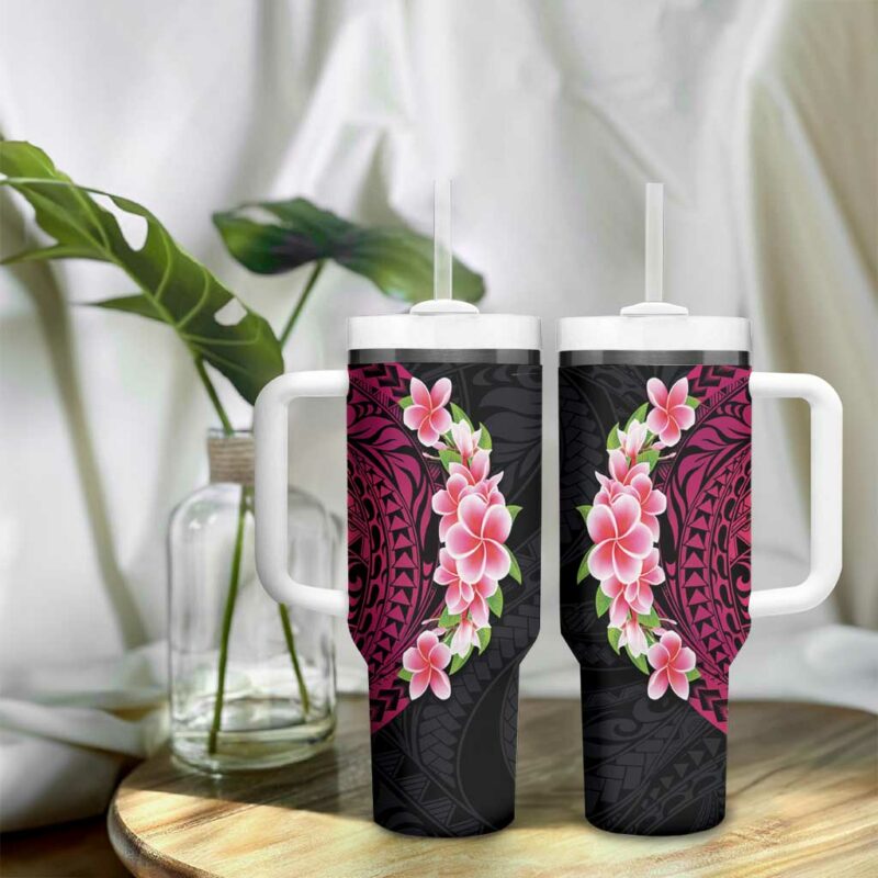 Hawaiian Tropical Plumeria Art Polynesian Tattoo Black and Bright Pink Color Custom Stanley Quencher 40oz Stainless Steel Tumbler With Handle - Threewoofs - Image 9