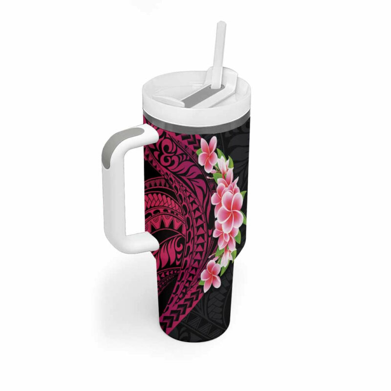 Hawaiian Tropical Plumeria Art Polynesian Tattoo Black and Bright Pink Color Custom Stanley Quencher 40oz Stainless Steel Tumbler With Handle - Threewoofs - Image 2