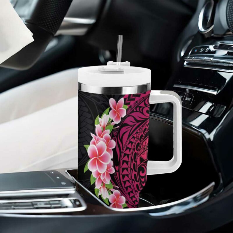 Hawaiian Tropical Plumeria Art Polynesian Tattoo Black and Bright Pink Color Custom Stanley Quencher 40oz Stainless Steel Tumbler With Handle - Threewoofs - Image 8
