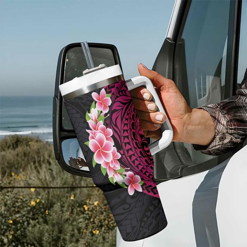 Hawaiian Tropical Plumeria Art Polynesian Tattoo Black and Bright Pink Color Custom Stanley Quencher 40oz Stainless Steel Tumbler With Handle - Threewoofs - Image 7