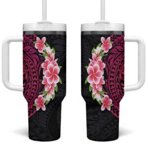 Hawaiian Tropical Plumeria Art Polynesian Tattoo Black and Bright Pink Color Custom Stanley Quencher 40oz Stainless Steel Tumbler With Handle - Threewoofs