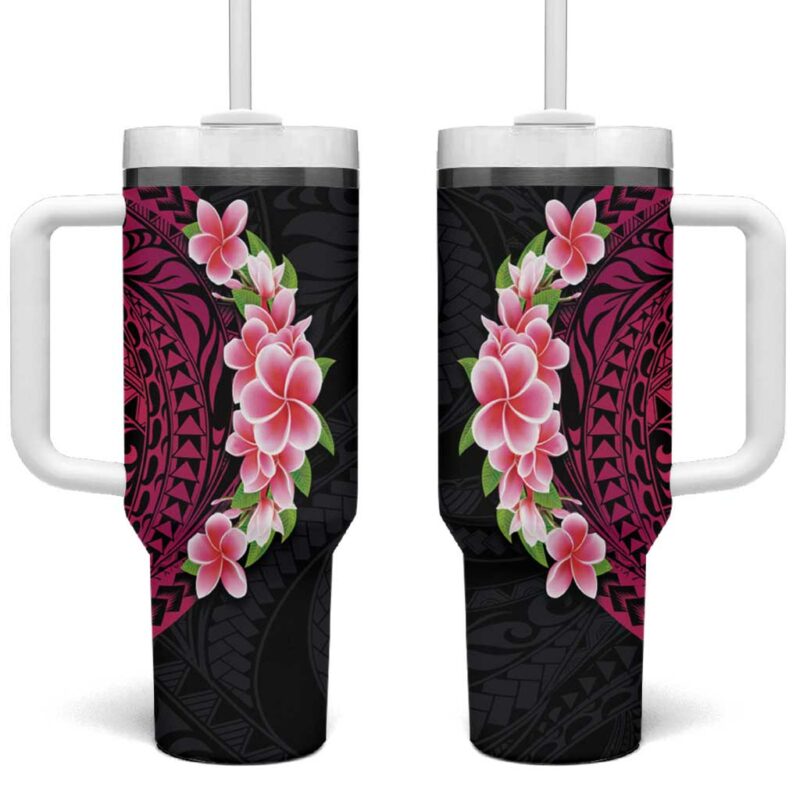 Hawaiian Tropical Plumeria Art Polynesian Tattoo Black and Bright Pink Color Custom Stanley Quencher 40oz Stainless Steel Tumbler With Handle - Threewoofs
