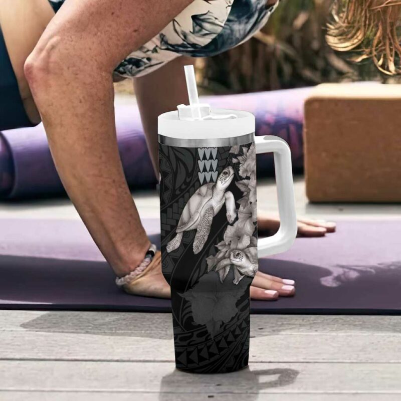 Hawaiian Turtle Love Sweet Hibiscus and Kakau Grayscale Color Custom Stanley Quencher 40oz Stainless Steel Tumbler With Handle - Threewoofs - Image 6
