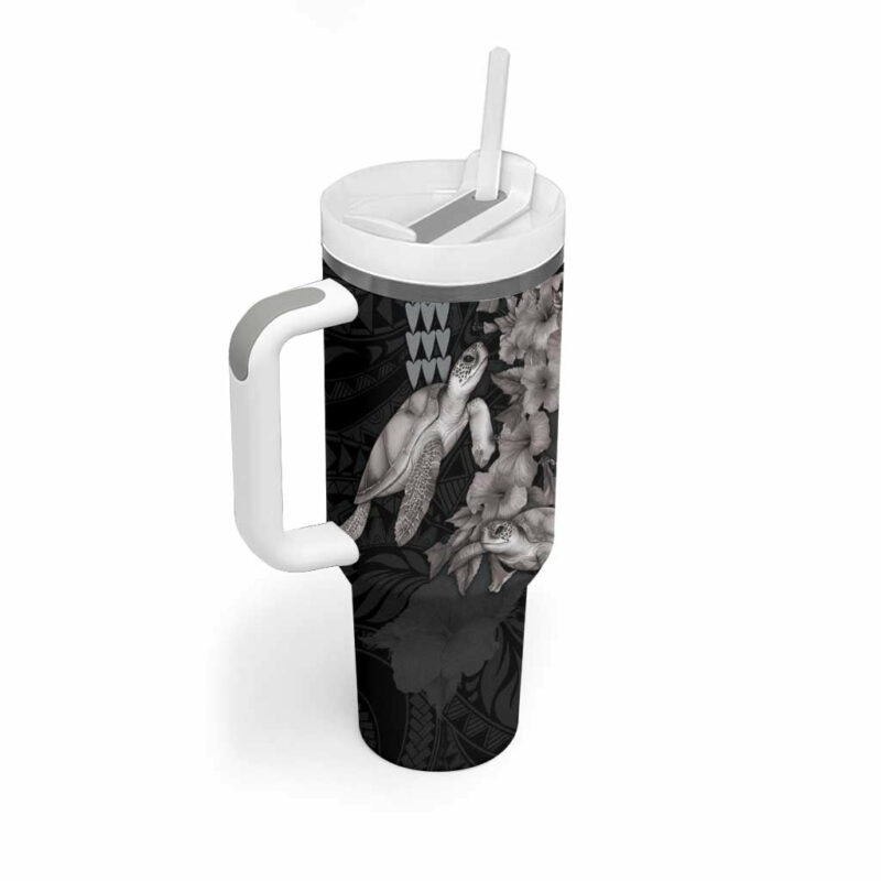 Hawaiian Turtle Love Sweet Hibiscus and Kakau Grayscale Color Custom Stanley Quencher 40oz Stainless Steel Tumbler With Handle - Threewoofs - Image 2