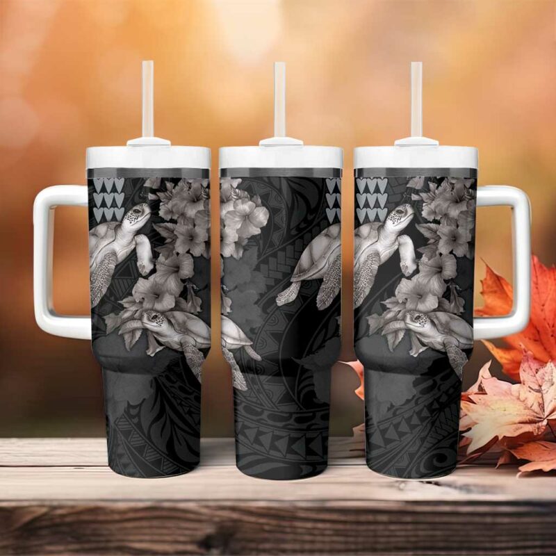 Hawaiian Turtle Love Sweet Hibiscus and Kakau Grayscale Color Custom Stanley Quencher 40oz Stainless Steel Tumbler With Handle - Threewoofs - Image 4